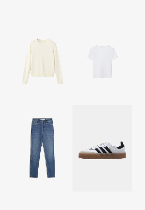 Cremefarbener Pullover mit Rundhalsausschnitt und langen Ärmeln, mit gerippten Bündchen und Saum, auf weißem Hintergrund dargestellt.; Weißes kurzärmliges T-Shirt aus weichem Stoff. Hat einen runden Halsausschnitt und ein einfaches, sauberes Design mit geradem Saum.; Blaue Denim-Jeans mit hoher Taille, slim Fit, Fronttaschen, Reißverschluss und kontrastierenden Nähten. Strukturierte Gestaltung mit glatter Textur.; Weiße Leder Sneakers mit schwarzen Streifen, Gummigummi-Außensohle, runder Zehenform, Schnürverschluss und weichem grauem Wildleder-Zehenkappe.