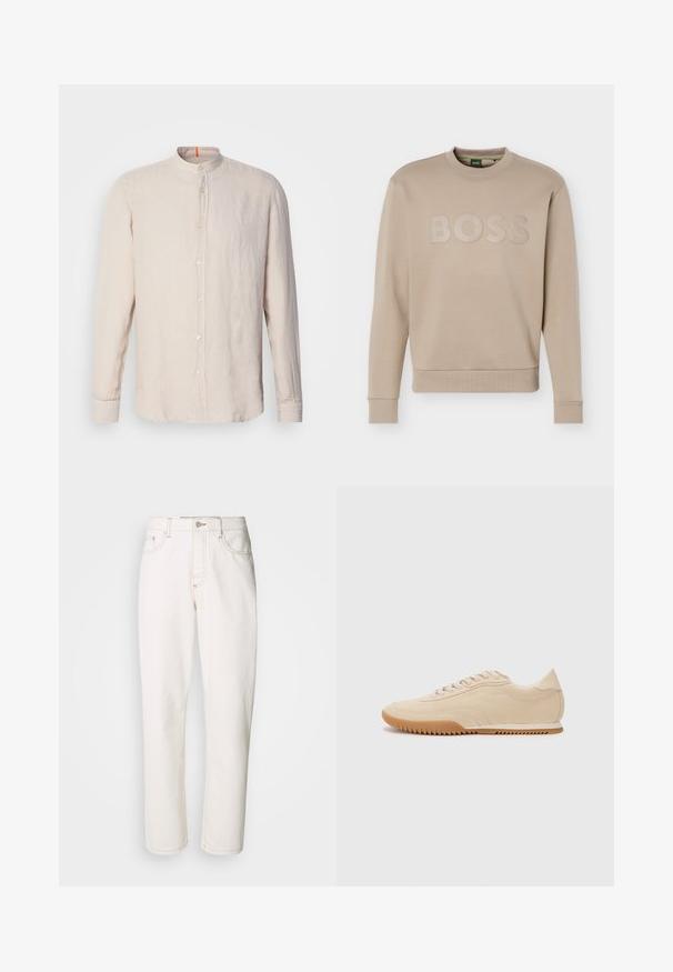 Beige Sweatshirt mit Rundhalsausschnitt, langen Ärmeln sowie gerippten Bündchen an Ärmeln und Saum, geprägt mit "BOSS"-Logo über der Brust.; Hellbeige Leinenhemd mit langen Ärmeln und Stehkragen, vorderer Knopfverschluss und subtiler Textur. Mit orangefarbenem Akzent am Ausschnitt.; Weiße Jeans aus Denim mit geradem Bein, ausgestattet mit gestickten Nähten, einem metallischen Knopfverschluss und einer klassischen fünf-Pocket-Konstruktion.; Beige Wildledersneaker mit einem schlanken Design, einer strukturierten Oberseite, abgerundetem Fuß und einer Gummisohle mit Zickzackmuster.