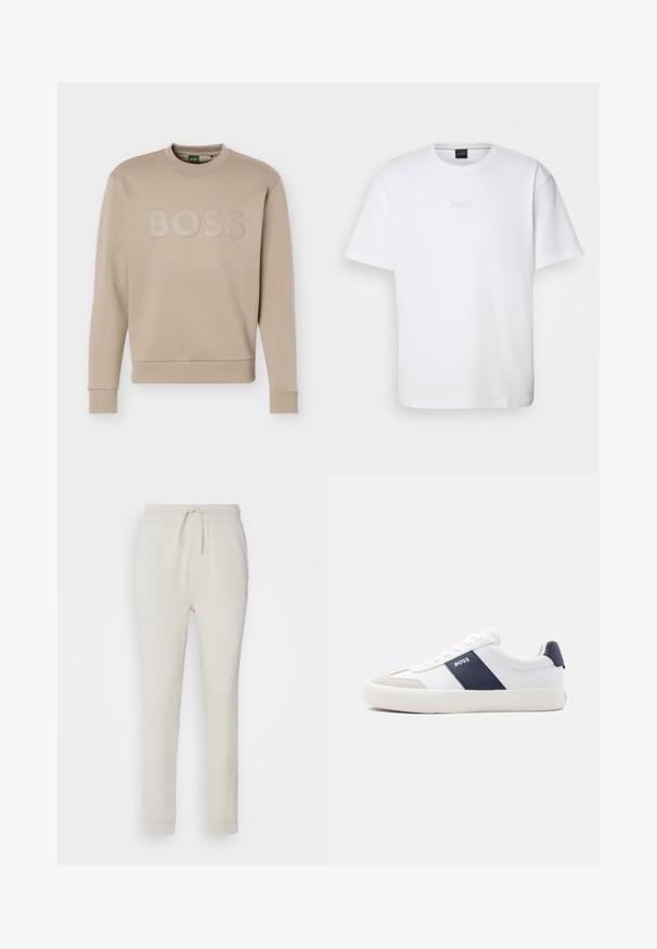 Beige sweatshirt met ronde hals, lange mouwen en geribbelde manchetten en zoom, met het "BOSS"-logo in reliëf over de borst.; Witte katoenen T-shirt met korte mouwen, ronde halslijn en reliëf 'BOSS' logo op de borst. Veilig textuur, standaard pasvorm.; Lichtbeige sweatpants van zacht, gemêleerd materiaal. Heeft een tailleband met trekkoord, geribbelde manchetten en zijzakken. Getailleerde pasvorm.; Witte lage sneaker met marineblauwe zijstreep, "BOSS"-logo, beige neuskap en witte zool, in profiel weergegeven tegen een lichte achtergrond.