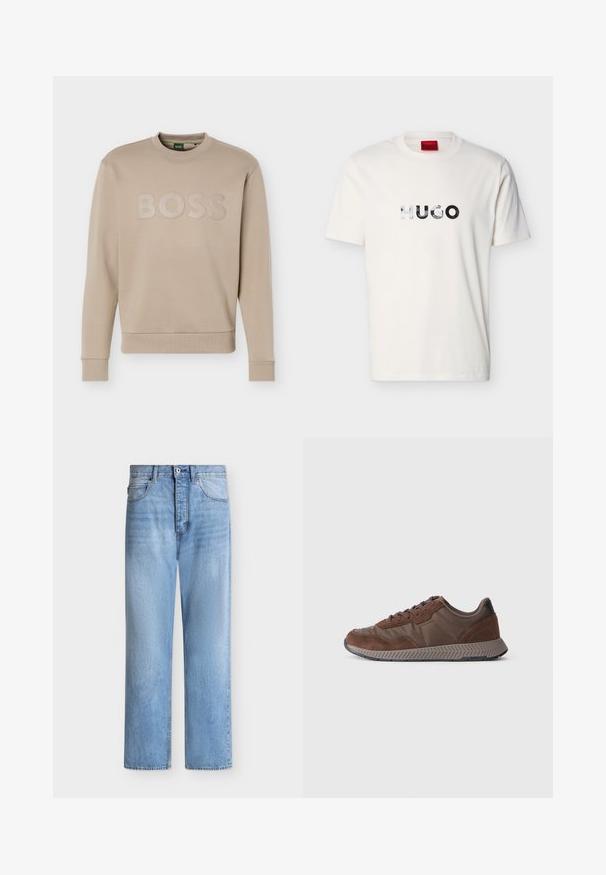 Beige crewneck-sweatshirt med lange ærmer og ribbet kant ved ærmer og bund, prydet med "BOSS"-logo på brystet.; Hvid T-shirt med korte ærmer og rund halsudskæring, med reflekterende "HUGO"-logo centreret på brystet.; Lyseblå straight-leg denim jeans med knap- og lynlåslukning, for- og baglommer samt bæltestropper i taljen.; Brune sneakers med en blanding af glatte og ruskind materialer, rund tå, tekstureret gummisål og kontrastfyldt sort hælkvotering.