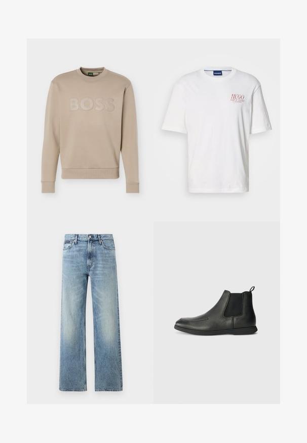 Beige Sweatshirt mit Rundhalsausschnitt, langen Ärmeln sowie gerippten Bündchen an Ärmeln und Saum, geprägt mit "BOSS"-Logo über der Brust.; Weißes Baumwoll-T-Shirt mit kurzen Ärmeln, Rundhalsausschnitt und einem roten Logodesign auf der linken Brustseite. Glatte Textur.; Hellblaue Jeans mit geradem Bein, hohem Bund, fünf Taschen, Knopfverschluss und dezentem Verblassen an Oberschenkeln und Knien.; Schwarze Leder-Ankle-Boots mit glatter Textur, elastischen Seitenpanelen und einer Zuglasche auf der Rückseite. Rundspitze und Gummisohle.
