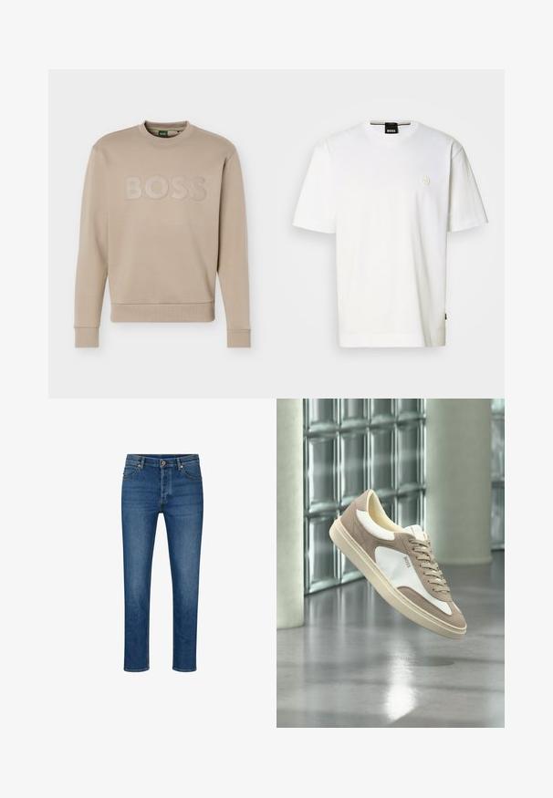 Beige Sweatshirt mit Rundhalsausschnitt, langen Ärmeln sowie gerippten Bündchen an Ärmeln und Saum, geprägt mit "BOSS"-Logo über der Brust.; Weißes Baumwoll-T-Shirt mit Rundhalsausschnitt, kurzen Ärmeln und kleinem Logo auf der Brust. Gerade geschnittener Saum unten.; Blaue Denim-Jeans mit geradem Schnitt, ausgestattet mit fünf Taschen, Gürtelschlaufen und einem Knopfverschluss. Leichte Abnutzungsspuren und kontrastierende Nähte.; Beige und weiße Wildleder-Sneaker mit Schnürsenkeln und „BOSS“-Logo, schwebend über einem polierten Betonboden mit Glasbausteinwänden im Hintergrund.