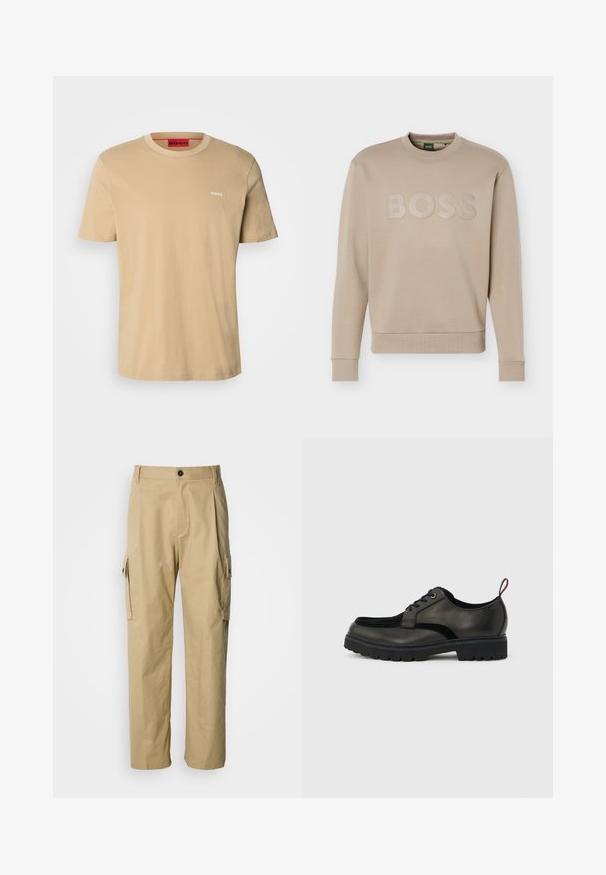 Beige sweatshirt met ronde hals, lange mouwen en geribbelde manchetten en zoom, met het "BOSS"-logo in reliëf over de borst.; Beige katoenen t-shirt met een ronde hals, korte mouwen en een klein wit "HUGO" logo op de borst. Een gladde textuur zonder patronen.; Beige cargobroek gemaakt van duurzaam stof, met een ontspannen pasvorm, zijzakken en een knoopsluiting in de taille.; Zwarte leren veterboot met dikke, getande zool en rode trekband aan de hiel, weergegeven in zijprofiel op een lichtgrijze achtergrond.