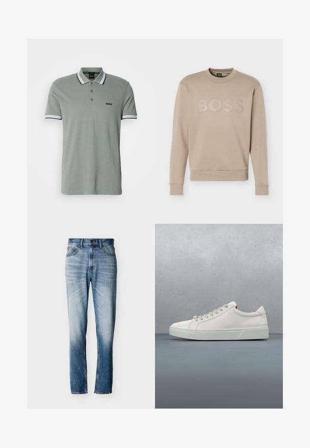 Beige crewneck-sweatshirt med lange ærmer og ribbet kant ved ærmer og bund, prydet med "BOSS"-logo på brystet.; Lys grøn polo shirt med klassisk krave, tre-knap lukning og stribede detaljer på ærmerne. "BOSS" logo på brystet.; Blå falmede jeans med lige ben, fem lommer, knaplukning og bæltestropper, vist fladt på hvid baggrund.; Hvid lædersneaker med rund tå, minimalistisk design, grå snørebånd og en tekstureret grå gummisål. Subtile syningsdetaljer er synlige.