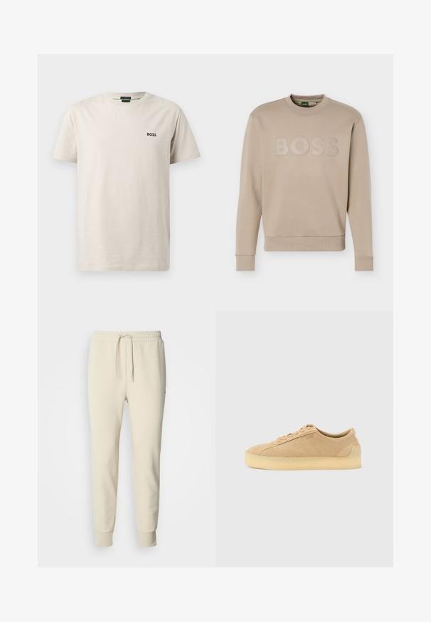 Sweatshirt beige à col rond avec manches longues et poignets, ainsi que ourlet côtelés, embossé du logo "BOSS" sur la poitrine.; T-shirt en coton beige clair avec col rond, manches courtes et un petit logo noir "BOSS" sur la poitrine gauche. Texture lisse.; Pantalon de survêtement couleur crème avec taille à cordon, jambes fuselées et poignets côtelés. Fabriqué en tissu doux et texturé. Sans motifs ni accents.; Baskets basses en daim beige avec semelle épaisse en gomme, fermeture à lacets à l'avant, et logo discret sur le côté, sur un fond uni gris clair.