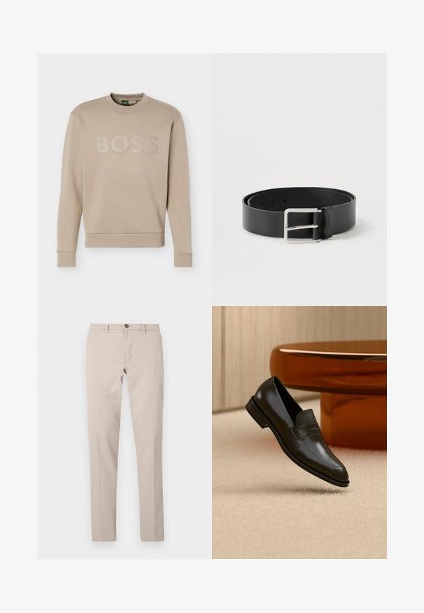 Beige sweatshirt met ronde hals, lange mouwen en geribbelde manchetten en zoom, met het "BOSS"-logo in reliëf over de borst.; Beige slim-fit broek met riemlussen, knoopsluiting en rits aan de voorkant, plat liggend afgebeeld tegen een witte achtergrond.; Zwarte leren loafer met een slank design, voorzien van een gestructureerde band en een gladde afwerking. Geplaatst tegen een zachte, lichte achtergrond.; Zwarte leren riem met een gladde afwerking, voorzien van een rechthoekige zilveren metalen gesp en meerdere verstelgaten.