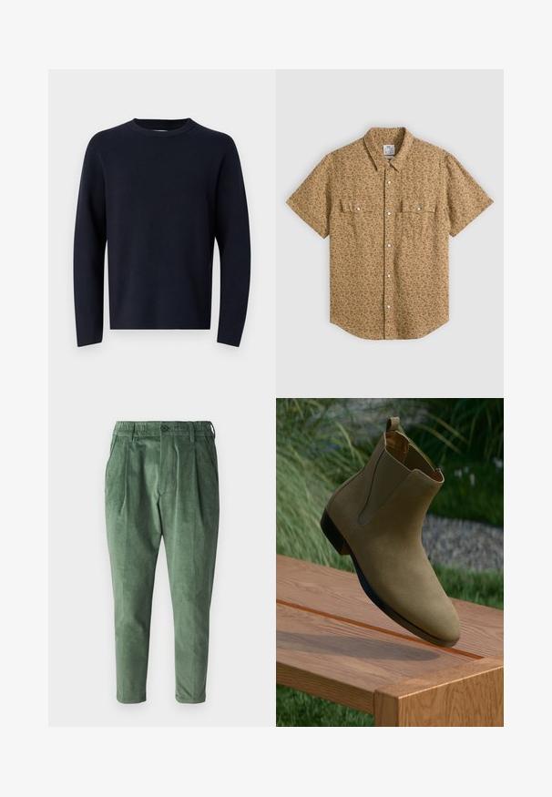 Marinblå sweater, rund halsudskæring, lange ærmer, lavet af blødt stof med en glat tekstur. Enkelt design, ingen synlige mønstre eller hardware.; Kortærmet, lysebrun skjorte med knapper, lille mørkt blomsterprint og to fremadvendte lommer med klapper og knapper.; Grønne fløjlsbukser med en regulær pasform, der har folder, elastisk talje og en enkelt knaplukning. Glat, tekstureret stof.; Beige ruskind ankelstøvle med rund tå, elastiske sidepaneler og en stoftrækflig, hvilede over et træbord.
