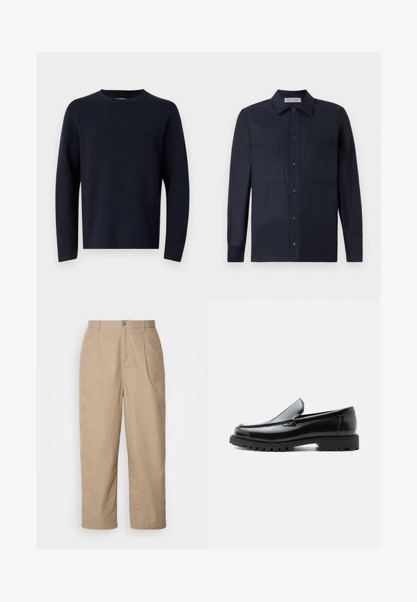 Marineblauer Pullover, Rundhalsausschnitt, lange Ärmel, aus weichem Stoff mit glatter Textur. Einfaches Design, keine sichtbaren Muster oder Hardware.; Samsøe Samsøe TAKA JO OVERSHIRT - Hemd - dark blue; Beige, leichte Baumwollhosen mit gefaltetem Vorderteil, Knopfverschluss und geradem Bein, die eine glatte Textur und keine sichtbaren Muster aufweisen.; Schwarzer Lederloafer mit grober Gummisohle, genähter Oberseite und geprägtem Markennamen an der Ferse, seitlich auf weißem Hintergrund gezeigt.