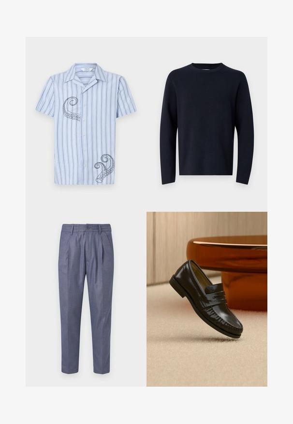 Suéter azul marino, de cuello redondo, de mangas largas, hecho de una tela suave con una textura lisa. Diseño sencillo, sin patrones ni herrajes visibles.; Camisa de manga corta a rayas en azul claro con bordado de pulpo negro en el lado izquierdo y diseño de botones en el frente.; Pantalones tejidos azul con un corte ajustado, que presentan pliegues delanteros, un cierre de botón y una textura suave. Largo recortado con piernas rectas.; Mocasín de cuero negro brillante con detalle de correa, colocado sobre una alfombra beige cerca de una mesa de café redonda marrón en una habitación con iluminación suave.