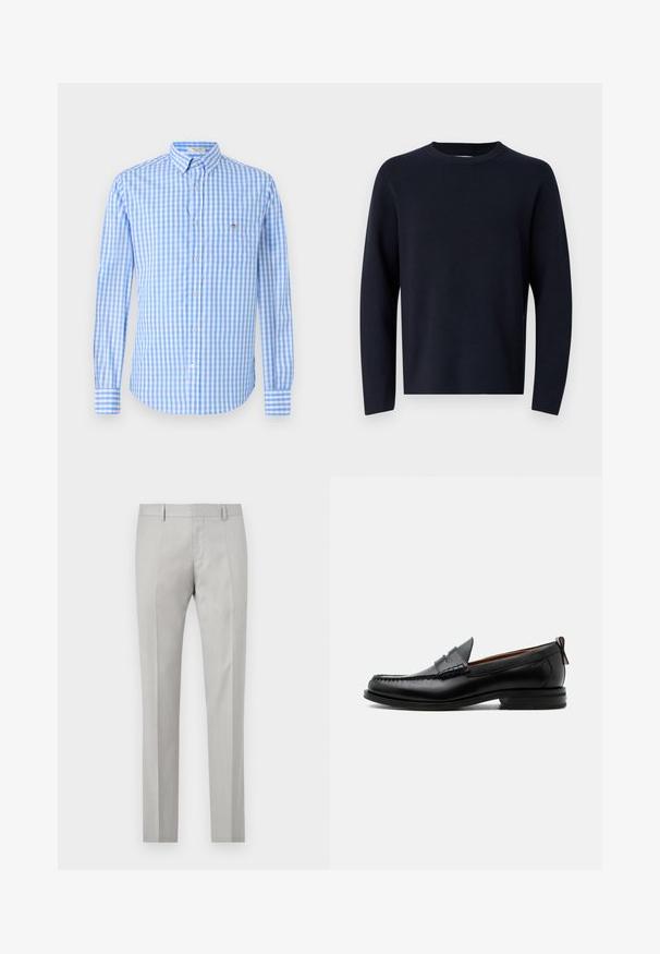Suéter azul marino, de cuello redondo, de mangas largas, hecho de una tela suave con una textura lisa. Diseño sencillo, sin patrones ni herrajes visibles.; Camisa de cuadros azul y blanca, de botones, con mangas largas, cuello y un bolsillo en el pecho. La tela parece suave y ligera.; Pantalones ajustados de color gris claro con una textura suave, frente plano y dos bolsillos laterales. Presentan piernas rectas y detalles de pliegue sutiles.; Mocasín de hombre de piel negra con costura moc toe, tira penny, cuello texturizado y tacón bajo apilado sobre fondo blanco.
