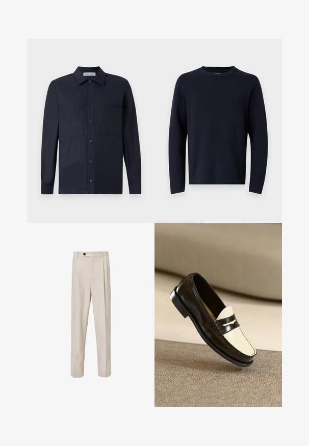 Marinblå sweater, rund halsudskæring, lange ærmer, lavet af blødt stof med en glat tekstur. Enkelt design, ingen synlige mønstre eller hardware.; Samsøe Samsøe TAKA JO OVERSHIRT - Skjorter - dark blue; Beige skræddersyede bukser med lige ben-design, der har frontplisseringer, knaplukning og en glat tekstur.; Sort læderloafer med en cremefarvet vamp og sorte accentstriber, som har en lav hæl og detaljeret syning langs kanterne.