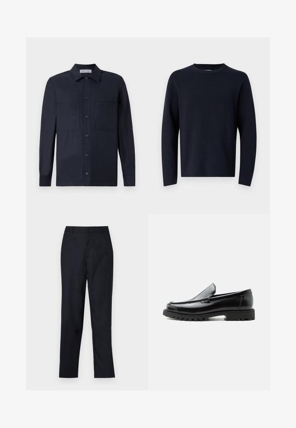 Marinblå sweater, rund halsudskæring, lange ærmer, lavet af blødt stof med en glat tekstur. Enkelt design, ingen synlige mønstre eller hardware.; Samsøe Samsøe TAKA JO OVERSHIRT - Skjorter - dark blue; Marineblå bukser lavet af glat stof, med lige ben design, en enkelt knaplukning og subtile forfald i fronten.; Sort læderloafer med chunky gummisål, syet overdel og præget mærkenavn på hælen, vist i sideprofil på hvid baggrund.