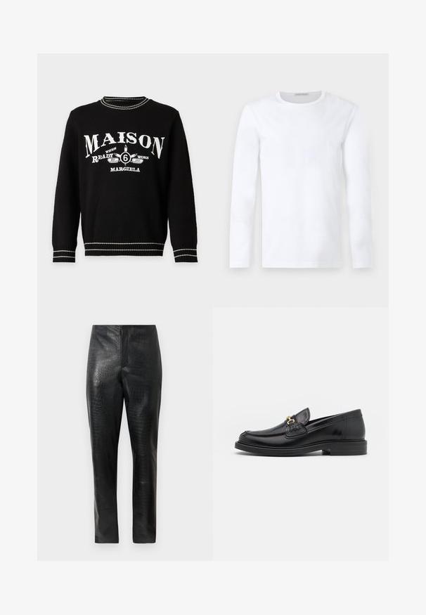 Čierny sveter s dlhým rukávom s bielym textom "MAISON," grafikou s "6," a "Margiela,", s bielo pruhovaným lemom na golieri, rukávoch a leme.; Jednoduché biele tričko s dlhým rukávom a okrúhlym výstrihom, so jednoduchým a čistým dizajnom bez viditeľných vzorov alebo log.; Čierne nohavice z umelého kože s jemnou krokodílovou textúrou, recte nohavicami a vysokým pásom, vystavené na jednofarebnom bielom pozadí.; Čierne kožené loafers so zaoblenou špičkou, s pozlátenými kovovými prvkami a detailným šitím, uložené na nízkej, textúrovanej gumenej podrážke.