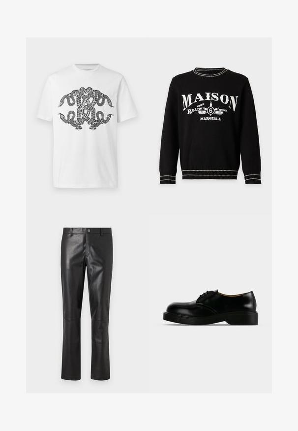 Pull noir à manches longues avec texte blanc "MAISON," graphique avec "6," et "Margiela,", avec une bordure rayée blanche au col, aux poignets et à l'ourlet.; T-shirt blanc avec un motif noir complexe et symétrique de serpents entrelacés sur le devant.; Pantalon en cuir noir avec une texture lisse, design à jambes droites et couture subtile le long des coutures. Présente une fermeture à bouton à la taille.; Chaussure de ville noire en cuir poli à lacets, avec une semelle épaisse, un bout arrondi et un petit talon, montrée de profil sur un fond uni.
