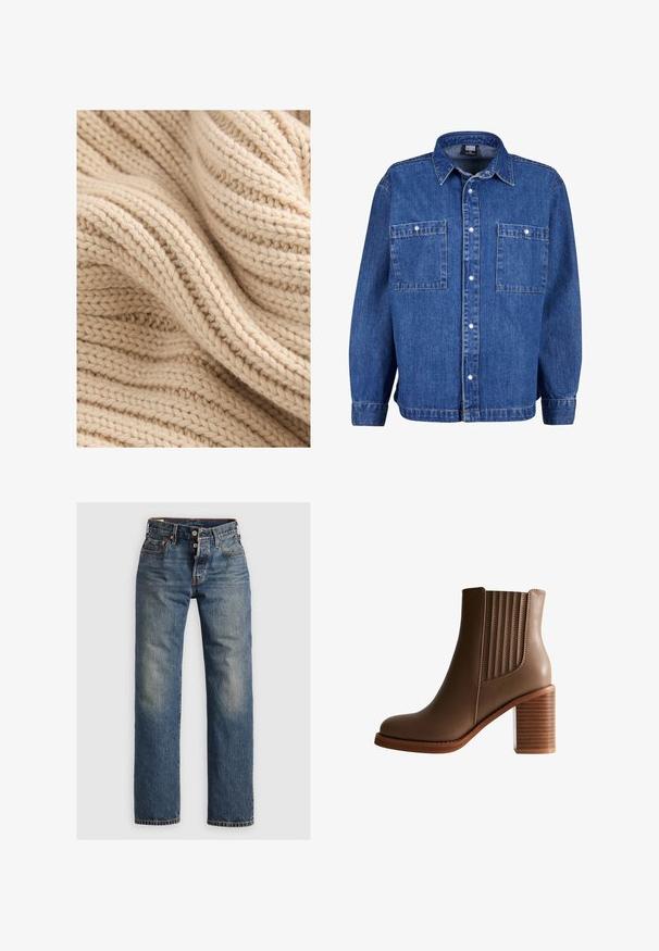 Beige gebreide stof met getextureerde ribbels, met variërende dikte en een zachte, donzige uitstraling. Draden zijn dicht geweven.; Jeansjack in medium blauw met lange mouwen, knoopsluiting aan de voorkant en twee borstzakken. Beschikt over een klassieke kraag en een ontspannen pasvorm.; Blauwe spijkerbroek met een recht model, voorzien van zichtbare stiksels, een ritssluiting en vijf zakken. Vervaagde gedeelten bieden textuur.; Bruine leren enkelboot met gestapelde blokhak en elastische zijpanelen voor makkelijke instap, weergegeven in profielweergave op een witte achtergrond.
