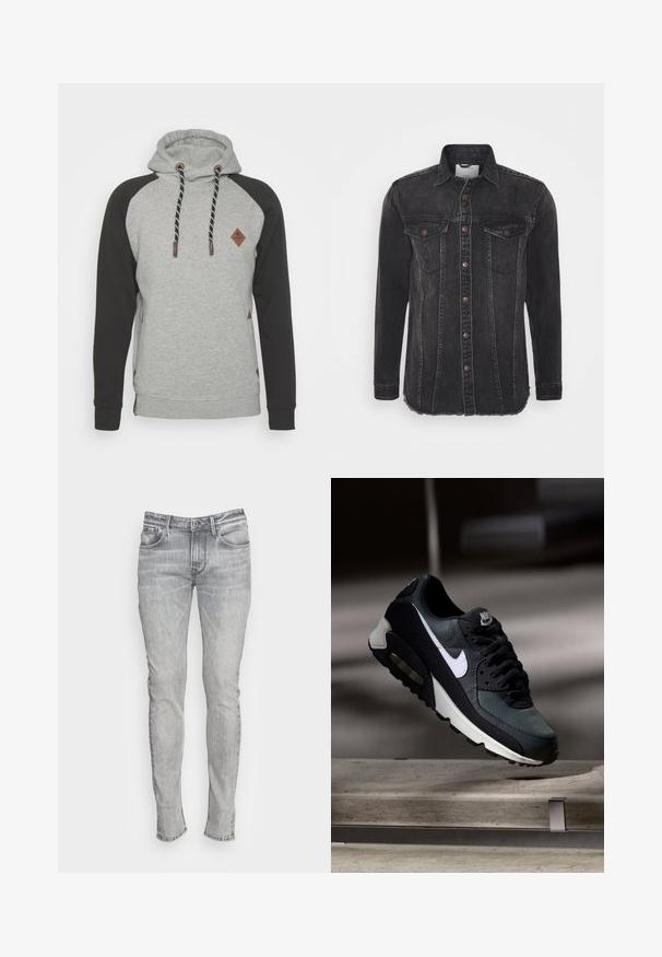 Grå hættetrøje med sorte raglanærmer, der har et diamantemblem, frontlomme og kontrasterende snore med brune detaljer.; Sort denimjakke med lange ærmer, knaplukning, to brystlommer og frynset kant. Har subtil falming og syede detaljer.; Smal passform grå denim jeans med fem lommer, en knaplukning og kontraststing. Stoffet har et let falmet og struktureret udseende.; Sort og grå Nike Air Max sneaker med hvid swoosh, ophængt over en betongulv mod en sløret mørk baggrund.