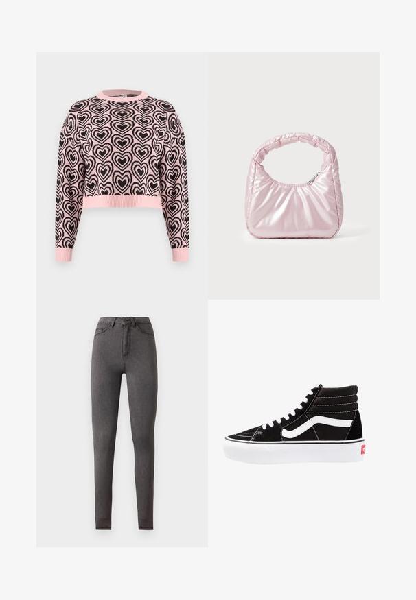 Pull court rose avec un motif de cœurs noirs, col rond côtelé et poignets. Le matériau semble doux avec une finition texturée.; Jean slim gris foncé taille haute en denim, avec poches devant et derrière, fermeture par boutons et détails de couture visibles.; Baskets montantes noires avec des lacets blancs, un logo blanc et des coutures blanches contrastées. Dotées d'une épaisse semelle blanche et d'un dessus en daim texturé.; Sac à main rose rembourré avec un design arrondi, fabriqué à partir d'un matériau brillant. Dispose d'une poignée froncée et d'une fermeture éclair pour un accès sécurisé.