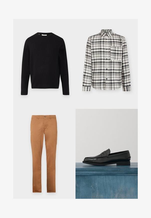 Pull en tricot noir avec un col rond, des manches longues et une coupe décontractée. Texture lisse, design minimal, sans motifs ni embellissements.; Chemise boutonnée à rayures noires et blanches ; manches longues, poche poitrine unique et col classique, faite de tissu doux.; Chinos en coton marron avec une coupe slim, dotés d'une fermeture à bouton, de poches latérales et d'une texture lisse.; Mocassins noirs en cuir avec un design élégant, comportant un bout cousu et une finition lisse. La chaussure possède un talon bas et un minimum de détails.