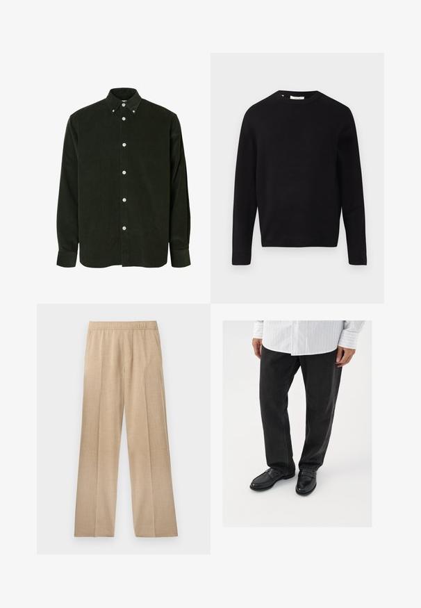 Sort striktrøje med rund halsudskæring, lange ærmer og en afslappet pasform. Glat tekstur, minimalistisk design, ingen mønstre eller pynt.; Mørkegrøn fløjlsbluse med lange ærmer, hvide knapper og krave med knapper, vist mod en hvid baggrund.; Beige vide ben bukser lavet af tekstureret stof, med elastisk talje og uden synlige lommer eller udsmykninger.; Sorte denimbukser parret med skinnende sorte loafers. Skjorten er hvid med tynde lodrette striber, har lange ærmer og en knapkrave.
