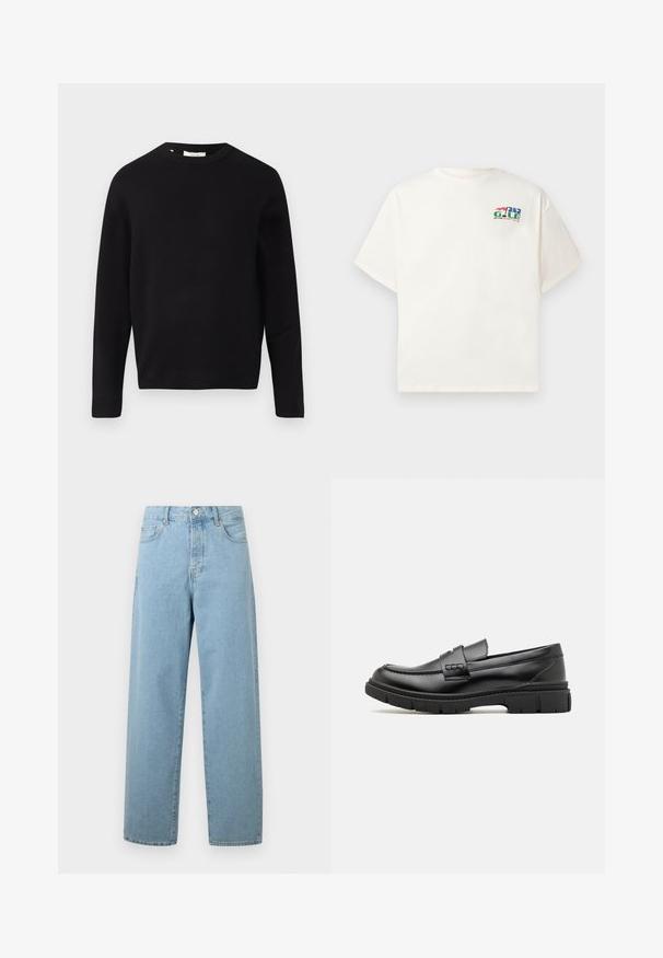 Sort striktrøje med rund halsudskæring, lange ærmer og en afslappet pasform. Glat tekstur, minimalistisk design, ingen mønstre eller pynt.; Cremefarvet kortærmet t-shirt lavet af bomuld, med et farverigt grafisk logo på venstre brystområde. Klassisk rund halsudskæring.; Lyseblå vide jeans lavet af denim, med frontknaplukning, traditionelt fem-lommer design og en afslappet pasform.; Sort læder loafersko med en bred rem over forfoden, gummisål med tykke mønstre og glat overflade. Klassisk, slankt design.