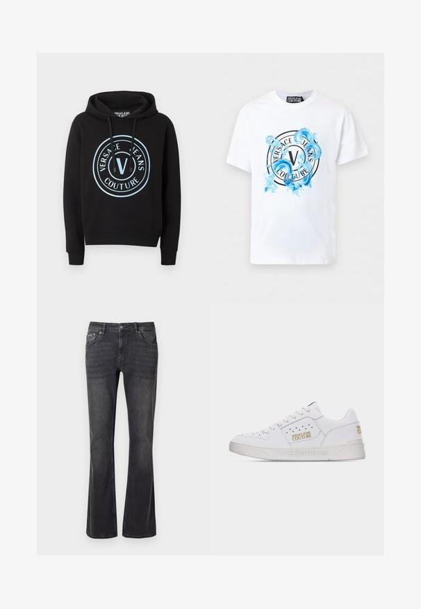 Sudadera con capucha negra con el logo circular en azul claro de Versace Jeans Couture en el frente, capucha con cordón, puños y dobladillo acanalados.; Camiseta blanca de manga corta Versace Jeans Couture con un logotipo circular y un diseño decorativo de salpicaduras de agua en azul en la parte frontal.; Jeans de mezclilla negra con diseño acampanado, cinco bolsillos y cierre de botón metálico. La tela tiene una textura suave con un ligero desgaste.; Zapatilla blanca de corte bajo con detalles perforados, cierre de cordones y logos dorados de "Versace Jeans Couture" en el lateral y el talón.