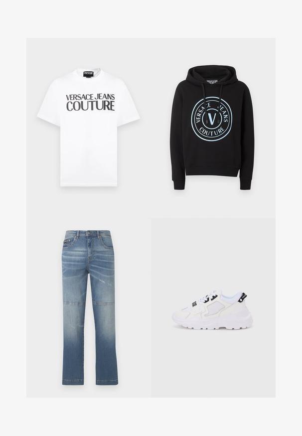Μαύρο φούτερ με κουκούλα, με το λογότυπο Versace Jeans Couture σε ανοιχτό μπλε κύκλο στο μπροστινό μέρος, κορδόνι στην κουκούλα, με ριμπ μανσέτες και τελείωμα.; Άσπρο κοντομάνικο μπλουζάκι με μαύρο κείμενο "VERSACE JEANS COUTURE" στο στήθος και μια μικρή ετικέτα με την επωνυμία στο εσωτερικό του λαιμού.; Ανοιχτού μπλε τζιν παντελόνι με ίσια γραμμή, που διαθέτει φθορές, ραφές και μέση μέσου ύψους. Περιλαμβάνει μπροστινές τσέπες.; Λευκά αθλητικά παπούτσια με χοντρή σόλα, επάνω μέρος από διχτυωτό ύφασμα και συνθετικό υλικό, λεπτομέρειες σε μαύρο και κορδόνια. Υφή σχεδίου και λογότυπο στη φτέρνα.