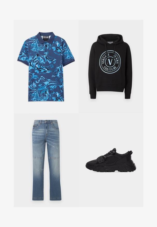 Mustahuppari, jossa on vaaleansininen pyöreä Versace Jeans Couture -logo edessä ja nyörillinen huppu, resorit hihansuissa ja helmassa.; Laivastonsininen polo-paita, jossa on sininen kukkakuviollinen pyöreä kuvio, lyhyet hihat ja napillinen kaulus. Valmistettu puuvillakankaasta, sileä rakenne.; Vaaleansiniset farkut suoran lahkeen muotoilulla, joissa on kulutusta, ompeluyksityiskohtia ja keskikorkea vyötärö. Sisältää etutaskut.; Musta paksupohjainen urheilukenkä, jossa on verkkokangasta ja nahkaisia osia, paksu teksturoitu pohja, nauhakiinnitys edessä sekä remmi, jossa metallisia niittejä nauhojen päällä.
