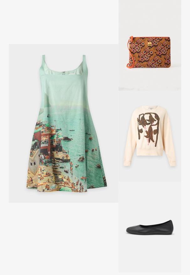 Sweat crème avec motif floral abstrait brodé marron et rose texturé sur le devant, manches longues et col rond.; Robe sans manches vert clair avec une scène de bord de mer imprimée mettant en scène des baigneurs, des parasols, des bateaux et une jetée dans des couleurs douces.; Ballerines en cuir noir avec un bout rond, texture lisse, détails de couture minimalistes et design de semelle flexible.; Pochette rectangulaire en cuir marron avec fermeture éclair orange et sangle, décorée d’un texte coloré "MCM Disco" et d’une petite plaque de marque dorée.
