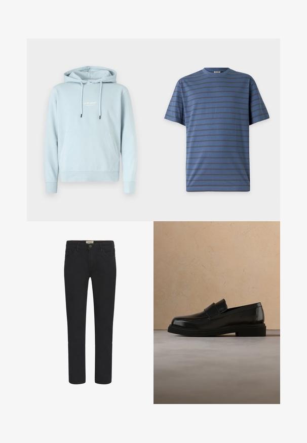 Sudadera con capucha azul claro con bolsillo delantero, cordones y pequeño logo blanco "JJ Studios" en el pecho.; Camiseta azul de cuello redondo con rayas horizontales finas y oscuras y mangas cortas, mostrada sobre un fondo claro liso.; Vaqueros de mezclilla negra con corte recto, diseño de cinco bolsillos y cierre frontal de botón. Textura suave con sutiles detalles de costura.; Mocasín de cuero negro flotando sobre una alfombra beige texturizada, con una mesa de centro redonda de madera y libros al fondo.