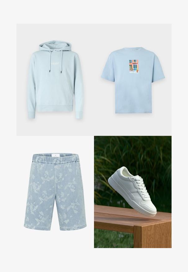 Sudadera con capucha azul claro con bolsillo delantero, cordones y pequeño logo blanco "JJ Studios" en el pecho.; Camiseta de manga corta azul claro con un gráfico colorido de una fachada de edificio, una bicicleta y una planta en maceta en el centro delantero.; Pantalones cortos de mezclilla azul claro con un sutil patrón floral, cinturilla elástica y corte recto. Sin bolsillos visibles.; Zapatilla de cuero blanca con una textura suave, que presenta un diseño perforado, cordones clásicos y suela de goma, posicionada sobre una superficie de madera.