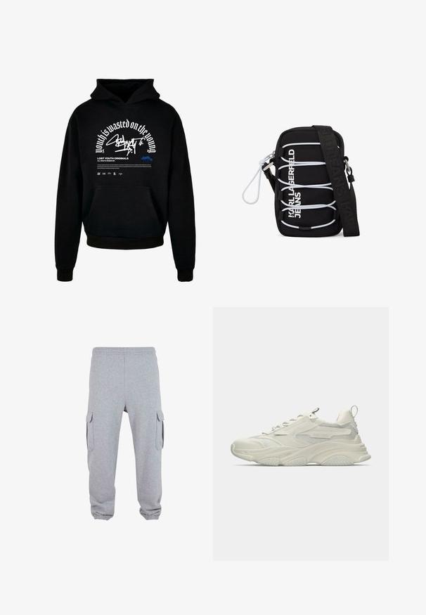 Sudadera con capucha negra y bolsillo delantero. Presenta texto en negrita blanca y diseño gráfico. Fabricada con un tejido suave, con puños y terminación de dobladillo acanalados.; Pantalones de chándal grises hechos de una tela suave que cuentan con dos bolsillos cargo laterales, cintura elástica y puños elásticos en los tobillos.; Zapatilla blanca gruesa con detalles de malla, suela de goma texturizada y forma redondeada. Presenta una marca mínima y una lengüeta para tirar en el talón.; Bolso negro de bandolera con cordones elásticos blancos, herrajes plateados y texto "KARL LAGERFELD JEANS" en blanco en el frente, con una correa ancha negra.