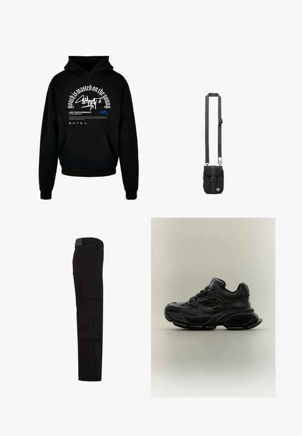 Sweatshirt à capuche noir avec poche avant. Présente un texte en gras blanc et un design graphique. Fabriqué en tissu doux, avec des poignets côtelés et une finition en ourlet.; Pantalon cargo noir avec plusieurs grandes poches à rabat, passants de ceinture, et une coupe droite, vu de côté.; Baskets noires épaisses avec un design texturé, semelle épaisse et fermeture à lacets, présentées sur un fond neutre uni.; Sac en bandoulière noir en tissu avec sangle réglable, rabat avant et poche zippée. Doté de quincaillerie de marque et d'une forme rectangulaire compacte.