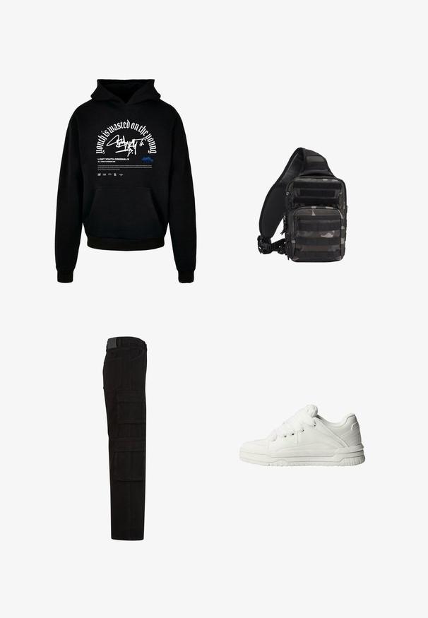 Sweatshirt à capuche noir avec poche avant. Présente un texte en gras blanc et un design graphique. Fabriqué en tissu doux, avec des poignets côtelés et une finition en ourlet.; Pantalon cargo noir avec plusieurs grandes poches à rabat, passants de ceinture, et une coupe droite, vu de côté.; Baskets blanches avec un extérieur en cuir lisse, une languette rembourrée, des lacets plats et des accents texturés sur les côtés et le talon.; Sac tactique compact camouflage noir et gris avec plusieurs compartiments zippés et une bandoulière rembourrée réglable.