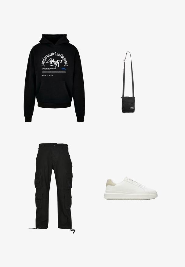 Zwarte hoodie met voorzak. Bevat opvallende witte tekst en grafisch ontwerp. Gemaakt van zacht materiaal, met ribgebreide manchetten en afwerking van de zoom.; Zwarte cargobroek van duurzaam materiaal, met meerdere zijzakken, een relaxed fit en verstelbare enkelbanden.; Witte sneakers van glad leer met een gestructureerde beige hielaccent, voorzien van ronde veters, een laag profiel ontwerp en een rubberen buitenzool.; Zwarte crossbodytas met verstelbare riem en een klein wit rechthoekig logo-label aan de onderkant van de voorkant.