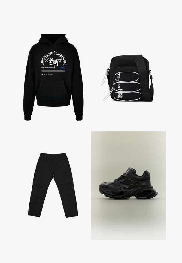 Sudadera con capucha negra y bolsillo delantero. Presenta texto en negrita blanca y diseño gráfico. Fabricada con un tejido suave, con puños y terminación de dobladillo acanalados.; Pantalones cargo negros hechos de tela duradera, con múltiples bolsillos cargo, tobillos con cremallera y piernas rectas con sutiles detalles de costura.; Zapatilla deportiva negra y gruesa con diseño texturizado, suela gruesa y cierre de cordones mostrada sobre un fondo neutro y sencillo.; Bolso bandolera negro con lazos elásticos blancos, tiradores de cremallera y texto blanco "KARL LAGERFELD JEANS" en el bolsillo delantero.
