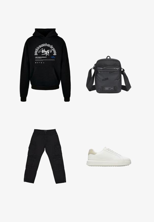 Zwarte hoodie met voorzak. Bevat opvallende witte tekst en grafisch ontwerp. Gemaakt van zacht materiaal, met ribgebreide manchetten en afwerking van de zoom.; Zwarte cargobroek van duurzaam materiaal, met meerdere cargozakken, ritsenkoppen en rechte benen met subtiele stikseldetails.; Witte sneakers van glad leer met een gestructureerde beige hielaccent, voorzien van ronde veters, een laag profiel ontwerp en een rubberen buitenzool.; Zwarte schoudertas van duurzaam materiaal, met een getextureerd voorpaneel met reliëf logo's, een verstelbare schouderband en ritsvakken.