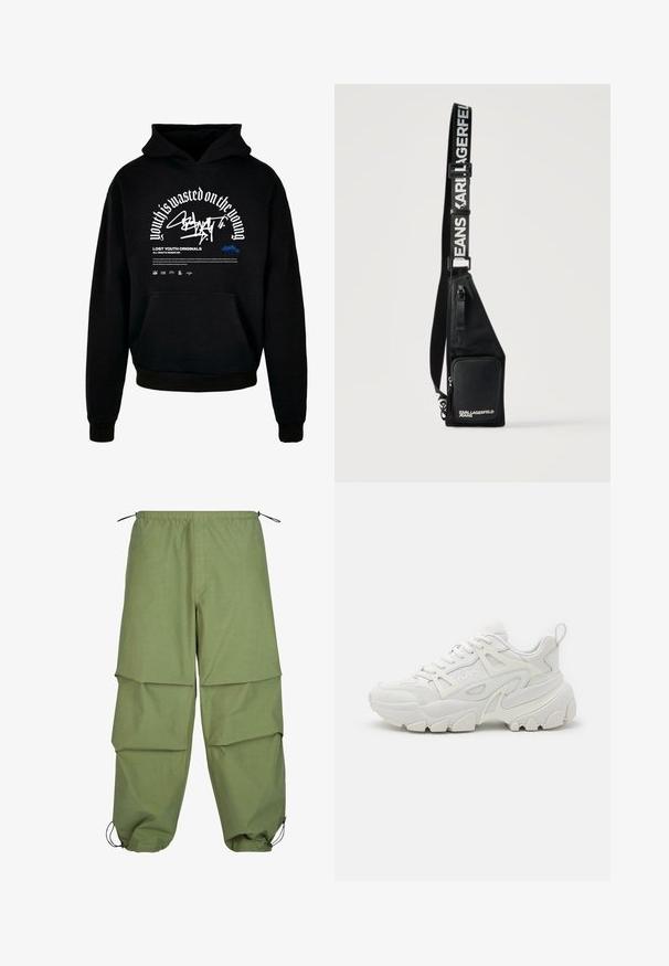 Sort hættetræner med frontlomme. Har hvidt fed skrift og grafisk design. Lavet af blødt stof med ribbede manchetter og kant.; Letvægts, olivengrøn cargo-bukser med elastisk talje, lagdelt design og snorelukning ved æblekanten. Lavet af glat, holdbart stof.; Hvide atletiske sneakers med en struktureret overdel, netpaneler, fremtrædende gummisål og dekorative udsparinger på siden.; Sort crossbody taske med lynlåslomme foran og justerbar rem med teksten "KARL LAGERFELD JEANS" i hvide bogstaver.