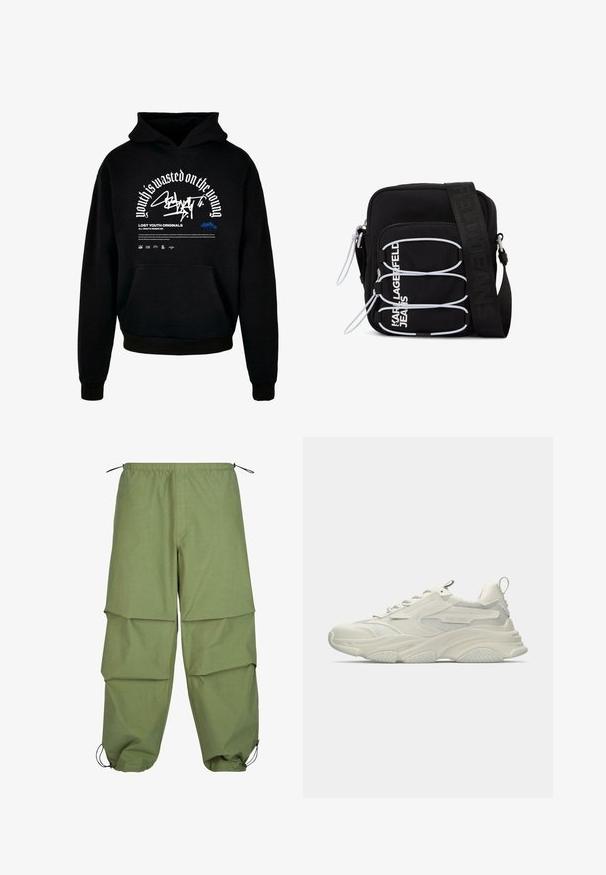 Sudadera con capucha negra y bolsillo delantero. Presenta texto en negrita blanca y diseño gráfico. Fabricada con un tejido suave, con puños y terminación de dobladillo acanalados.; Pantalones cargo ligeros de color verde oliva, con cintura elástica, diseño en capas y puños ajustables con cordón. Fabricados con una tela lisa y duradera.; Zapatilla blanca gruesa con detalles de malla, suela de goma texturizada y forma redondeada. Presenta una marca mínima y una lengüeta para tirar en el talón.; Bolso bandolera negro con lazos elásticos blancos, tiradores de cremallera y texto blanco "KARL LAGERFELD JEANS" en el bolsillo delantero.
