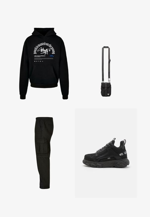 Sudadera con capucha negra y bolsillo delantero. Presenta texto en negrita blanca y diseño gráfico. Fabricada con un tejido suave, con puños y terminación de dobladillo acanalados.; Pantalones cargo negros con un corte relajado, cintura elástica, bolsillos laterales y un gran bolsillo cargo en el muslo. Tejido suave y ligero.; Zapatillas negras con suela gruesa, parte superior de malla y ante, diseño de cordones y acentos de logo. Detalles texturizados en los lados y la parte posterior.; Bolso cruzado de tela negra con correa ajustable, solapa frontal y bolsillo con cremallera. Presenta herrajes de marca y una forma rectangular compacta.