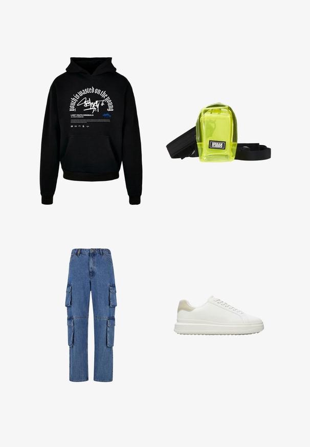 Sweatshirt à capuche noir avec poche avant. Présente un texte en gras blanc et un design graphique. Fabriqué en tissu doux, avec des poignets côtelés et une finition en ourlet.; Pantalons cargo en denim bleu, avec des jambes larges, quatre grandes poches latérales et des coutures contrastées. La texture est lisse avec une finition décolorée.; Baskets blanches en cuir lisse avec un accent beige texturé au talon, dotées de lacets ronds, d'un design profil bas et d'une semelle extérieure en caoutchouc.; Sac en plastique transparent vert néon avec une fermeture zippée, des sangles noires et un patch logo "Urban Classics" à l'avant. Design compact et rectangulaire.