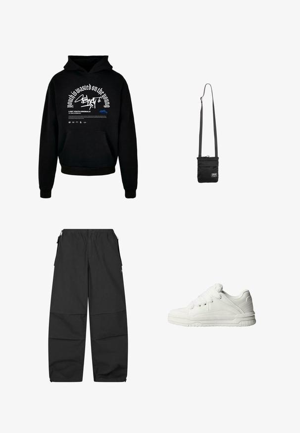 Sweatshirt à capuche noir avec poche avant. Présente un texte en gras blanc et un design graphique. Fabriqué en tissu doux, avec des poignets côtelés et une finition en ourlet.; Pantalons en coton noir avec une taille élastique, deux poches latérales et une coupe décontractée. Présente des coutures et un design minimaliste.; Baskets blanches avec un extérieur en cuir lisse, une languette rembourrée, des lacets plats et des accents texturés sur les côtés et le talon.; Sac banane noir avec sangle réglable et petite étiquette logo rectangulaire blanche sur la partie inférieure avant.