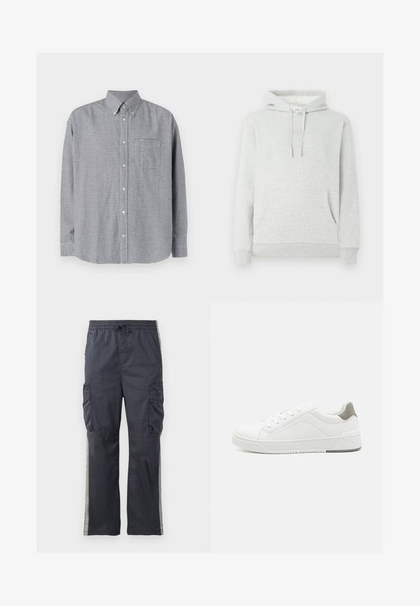 Hellgrauer Hoodie mit einer Kordelzugkapuze, Taschen vorne, gerippten Bündchen und Saum, sowie einem dezenten, eingeprägten Logo auf der Brust.; Schwarz-weiße karierte Langarmhemd mit Knopfleiste und Kragen, einer Brusttasche und abgerundetem Saum. Aus Baumwollstoff, mit glatter Textur.; Dunkelgraue Cargo-Hosen mit elastischem Bund, Kordelzug und Seitentaschen. Verfügt über hellgraue Seitestreifen und eine lockere Passform.; Weißer Sneaker aus glattem Leder, runde Zehenpartie, minimalistisches Design, graue Fersenkante und strukturierte Gummisohle.