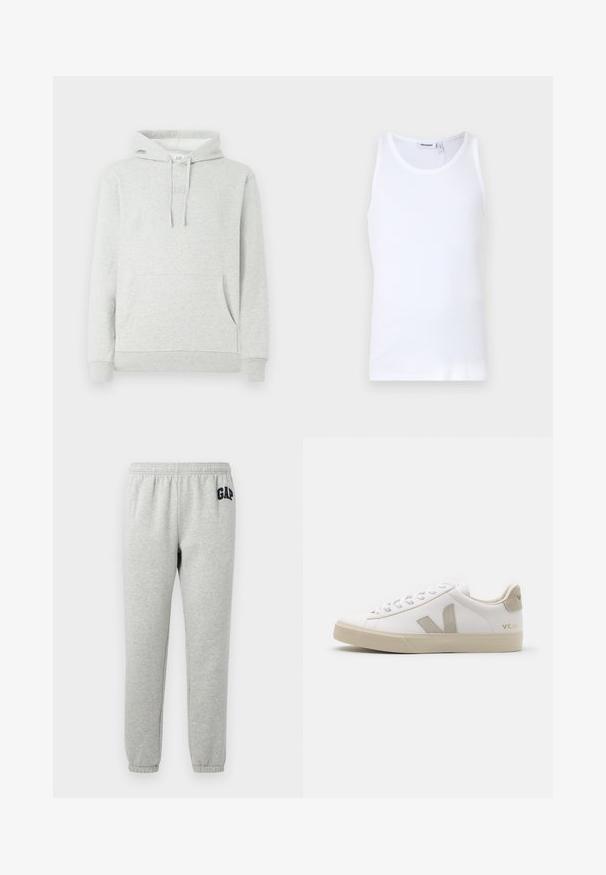 Sudadera gris claro con capucha ajustable, bolsillo delantero, puños y dobladillo acanalados, y un sutil logo grabado en el pecho.; Top sin mangas de algodón blanco con cuello redondo y tirantes anchos. Textura suave, sin patrones, diseño limpio y etiqueta de marca en el escote.; Pantalones de chándal grises con cinturilla elástica, tobillos acampanados y un logo de "GAP" en navy en el muslo superior izquierdo. Tejido suave de mezcla de algodón.; Zapatillas blancas de cuero con acentos en beige, suela plana de goma, puntera redonda y logotipo contrastante en el lado y la parte trasera. Diseño con cordones.