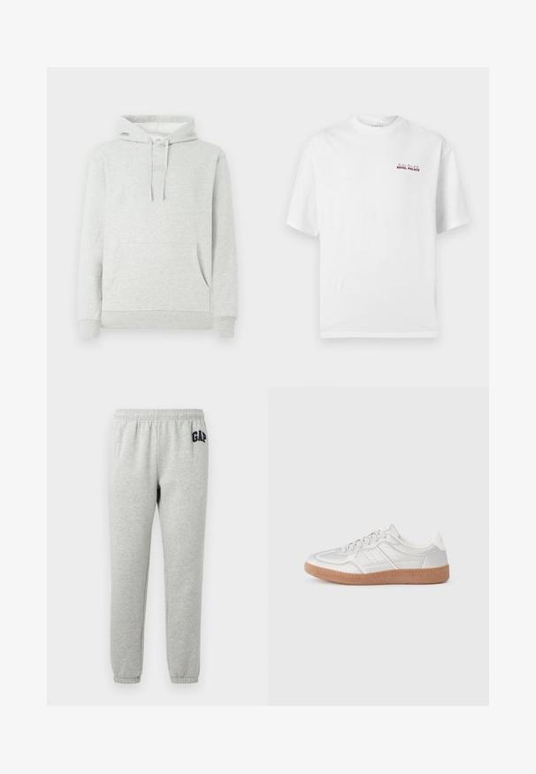 Lys grå hættetrøje med snøre i hætten, forlommer, ribbede manchetter og kant, samt et diskret logo præget på brystet.; Hvid T-shirt med korte ærmer og rund hals, med lille rød tekst "Royal Palace" på venstre brystområde.; Grå sweatpants med elastisk talje, manchetter ved anklerne og et marineblåt "GAP" logo på venstre øvre lår. Blødt stof i bomuldsblanding.; Sølv sneakers med en glat overflade, snørebånd, perforerede detaljer og en struktureret brun gummi sål.
