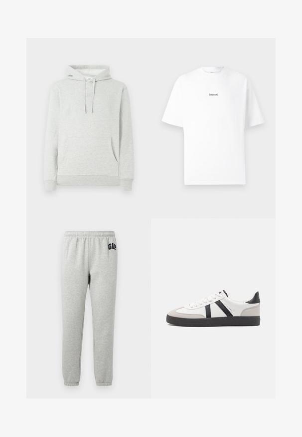 Hellgrauer Hoodie mit einer Kordelzugkapuze, Taschen vorne, gerippten Bündchen und Saum, sowie einem dezenten, eingeprägten Logo auf der Brust.; Weißes Baumwoll-T-Shirt mit kurzen Ärmeln und Rundhalsausschnitt, ausgestattet mit einem kleinen gestickten Logo "Selected" in Schwarz auf der Brust.; Graue Jogginghose mit elastischem Bund, abgeklebten Knöcheln und einem dunkelblauen "GAP"-Logo auf dem linken Oberschenkel. Weicher Baumwollmischstoff.; Weiße Sneaker mit schwarz- und grau-aczenten, ausgestattet mit einer strukturierten grauen Zehenkappe, schwarzer Gummi-Sohle und flachen weißen Schnürsenkeln. Sauberes Design, minimalistische Stil.