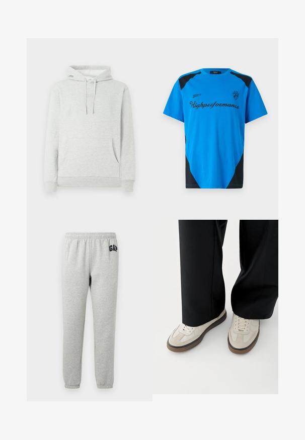 Hellgrauer Hoodie mit einer Kordelzugkapuze, Taschen vorne, gerippten Bündchen und Saum, sowie einem dezenten, eingeprägten Logo auf der Brust.; Replay SHORT SLEEVE GRAPHIC - T-Shirt print - azzurro; Graue Jogginghose mit elastischem Bund, abgeklebten Knöcheln und einem dunkelblauen "GAP"-Logo auf dem linken Oberschenkel. Weicher Baumwollmischstoff.; Füße mit beigen Sneakers mit braunen Sohlen und schwarzen Hosen mit weitem Bein auf weißem Hintergrund.