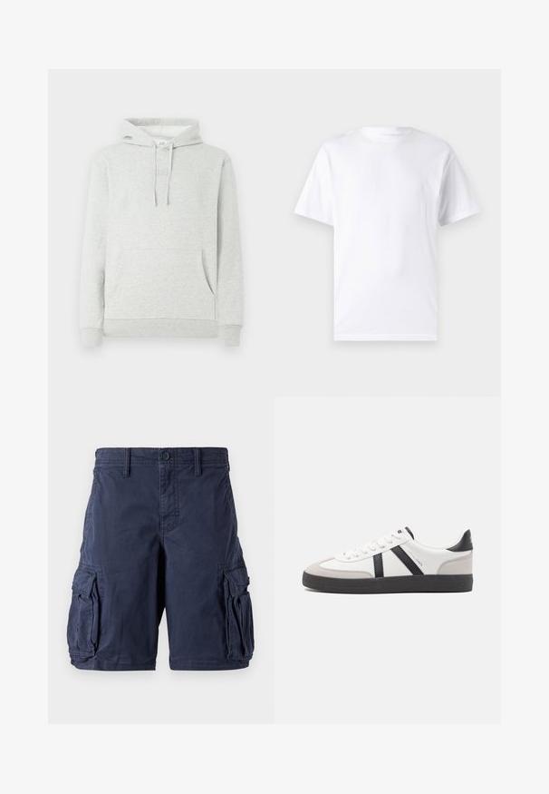Lys grå hættetrøje med snøre i hætten, forlommer, ribbede manchetter og kant, samt et diskret logo præget på brystet.; Hvid kortærmet t-shirt lavet af bomuld med rund hals, der har en glat tekstur og et simpelt design uden mønstre eller accenter.; Mørkeblå cargo shorts lavet af bomuld. Har flere sidelommer, knappelukning og en afslappet pasform. Glat tekstur og holdbart design.; Hvide sneakers med sorte og grå detaljer, med en tekstureret grå tåhætte, sort gummisål og flade hvide snørebånd. Rent design, minimalistisk stil.