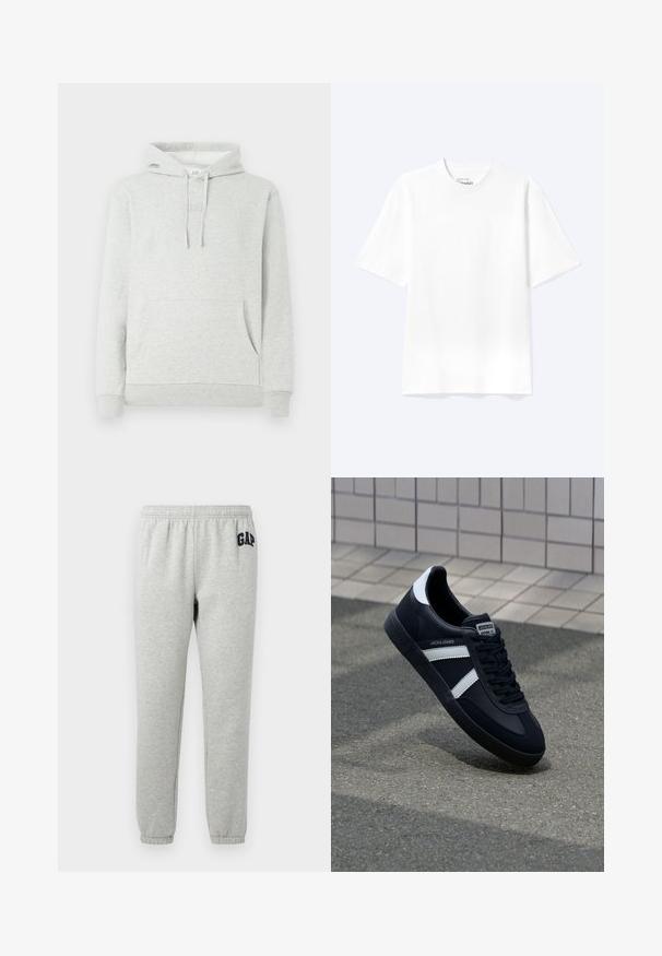Hellgrauer Hoodie mit einer Kordelzugkapuze, Taschen vorne, gerippten Bündchen und Saum, sowie einem dezenten, eingeprägten Logo auf der Brust.; Schlichtes weißes T-Shirt mit kurzen Ärmeln und Rundhalsausschnitt in entspannter Passform, auf hellem Hintergrund dargestellt.; Graue Jogginghose mit elastischem Bund, abgeklebten Knöcheln und einem dunkelblauen "GAP"-Logo auf dem linken Oberschenkel. Weicher Baumwollmischstoff.; Schwarze Leder-Sneaker mit weißen Streifen, strukturiertem Gummisohle und Schnürung. Verfügt über ein Markenetikett auf der Zunge.