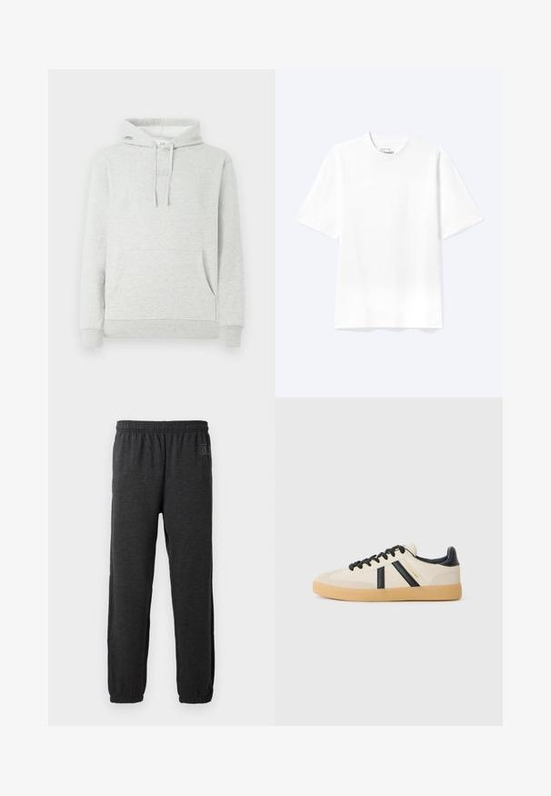 Sudadera gris claro con capucha ajustable, bolsillo delantero, puños y dobladillo acanalados, y un sutil logo grabado en el pecho.; Camiseta lisa blanca de manga corta y cuello redondo con un corte relajado, mostrada sobre un fondo claro.; Pantalones de chándal grises hechos de una tela suave, con una cinturilla elástica y piernas ajustadas con puños elásticos. Detalle sutil del logo en una pierna.; Zapatillas casuales en crema con rayas negras, con parte superior texturizada y suela de goma. Los cordones son negros. Logo sutil en el costado.
