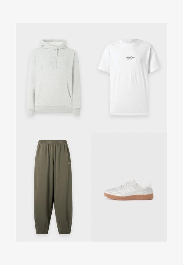 Lys grå hættetrøje med snøre i hætten, forlommer, ribbede manchetter og kant, samt et diskret logo præget på brystet.; Hvid bomulds-T-shirt med korte ærmer, prydet med teksten "Palmiera Pantó" og "VENICE BEACH" i sort skrift på forsiden.; Grågrønne sweatpants med elastisk talje og manchetter. Har minimal branding i matchende tråd på siden. Blød tekstur.; Sølv sneakers med en glat overflade, snørebånd, perforerede detaljer og en struktureret brun gummi sål.